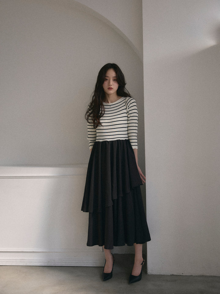 【Essential】7部袖リブドッキングワンピース