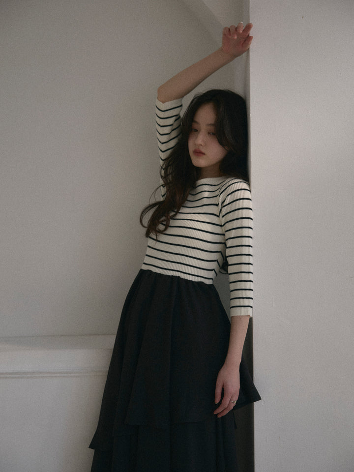 【Essential】7部袖リブドッキングワンピース