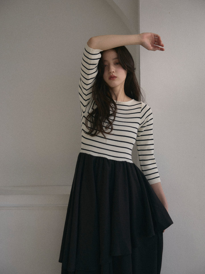 【Essential】7部袖リブドッキングワンピース