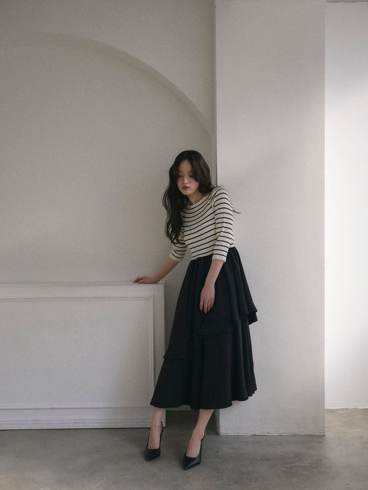 【Essential】7部袖リブドッキングワンピース