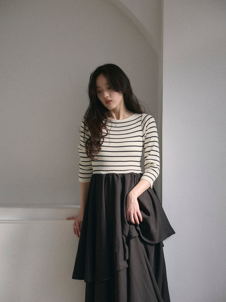 【Essential】7部袖リブドッキングワンピース