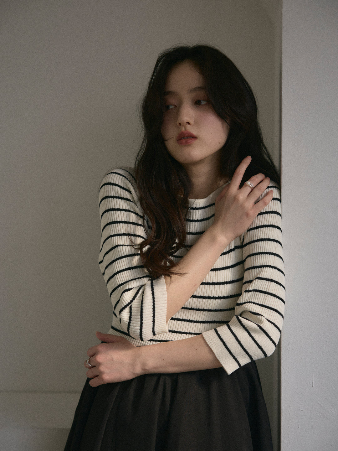 【Essential】7部袖リブドッキングワンピース