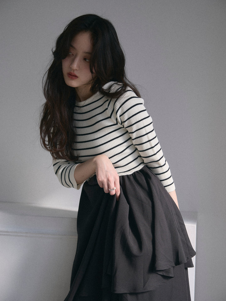 【Essential】7部袖リブドッキングワンピース