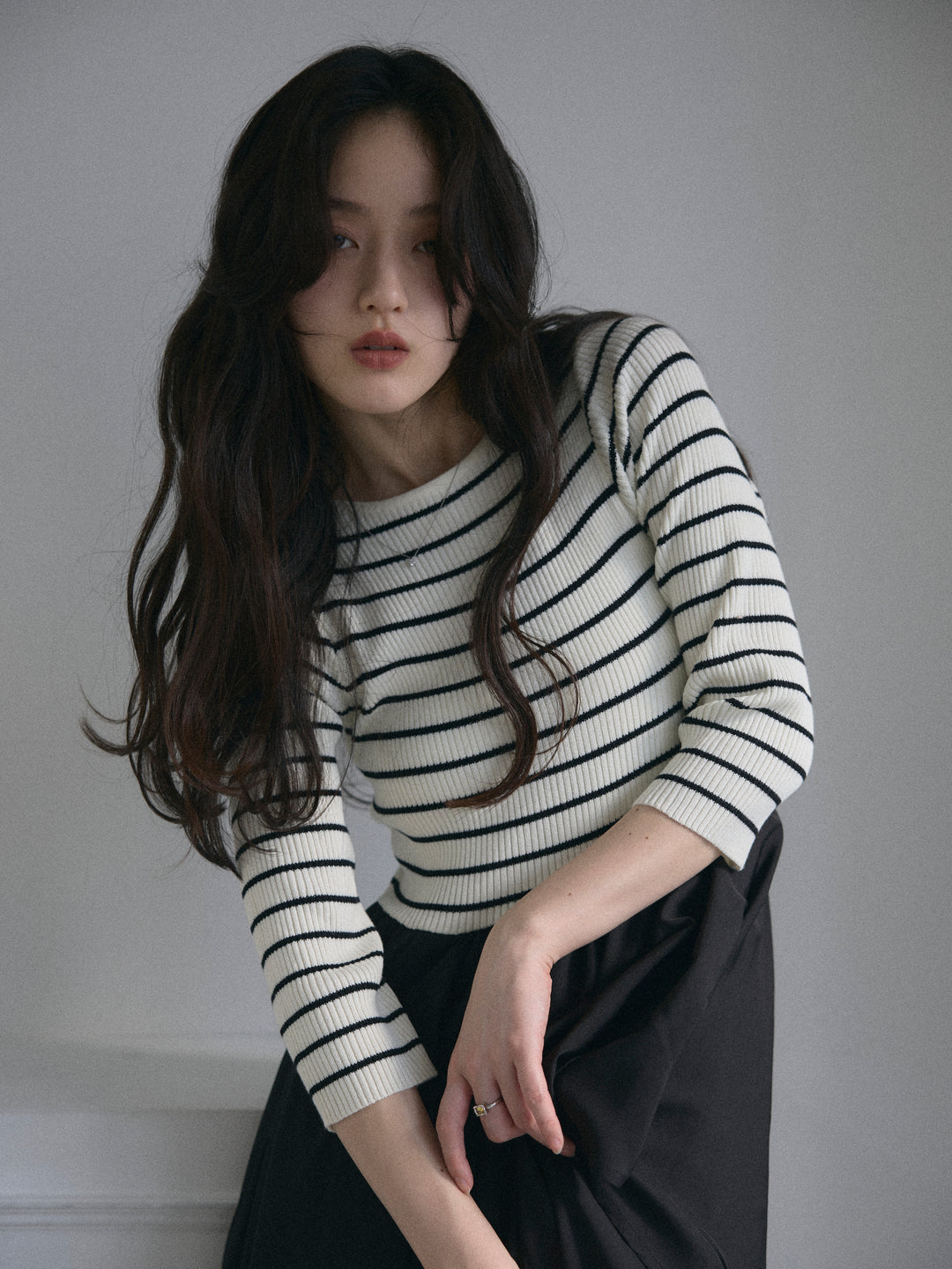 【Essential】7部袖リブドッキングワンピース