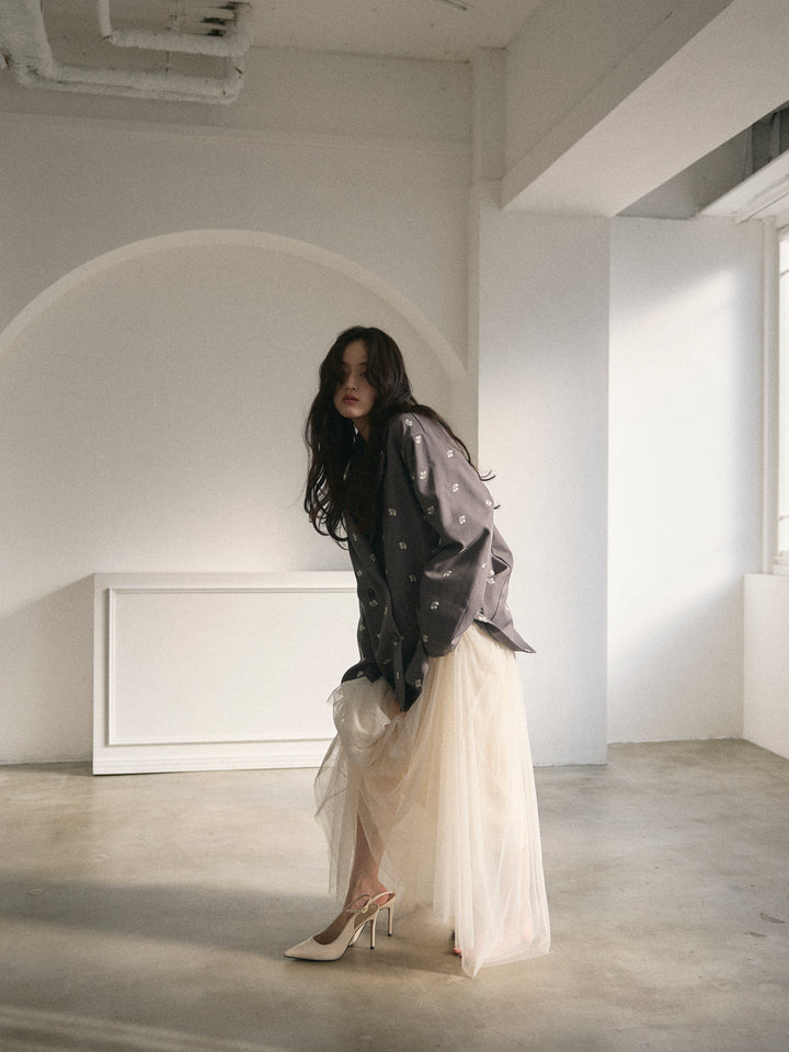 【SET】フラワー刺繍テーラードジャケット+ボリュームチュールスカート(2set)