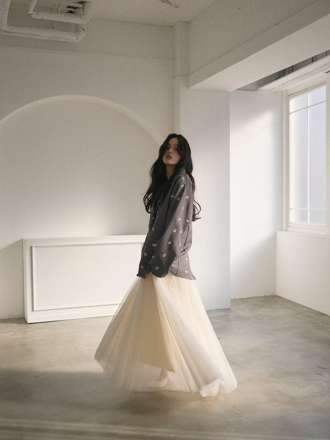 【SET】フラワー刺繍テーラードジャケット+ボリュームチュールスカート(2set)