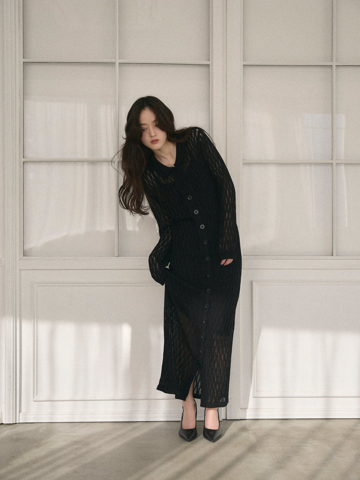 透かし編み襟付きニットドレス(インナーミニワンピ付き)