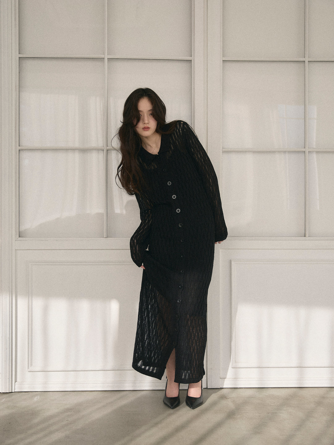 透かし編み襟付きニットドレス(インナーミニワンピ付き)