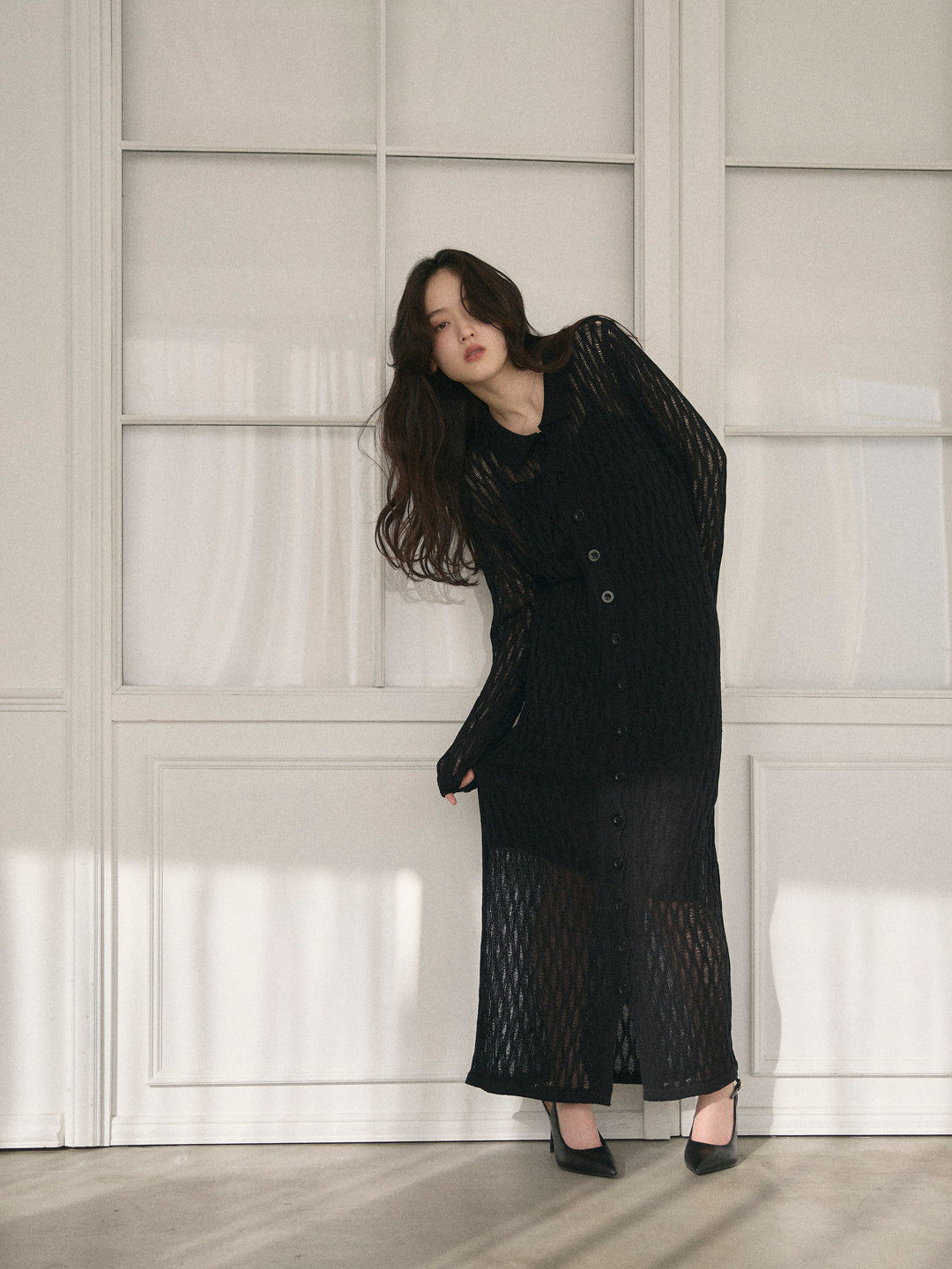 透かし編み襟付きニットドレス(インナーミニワンピ付き)