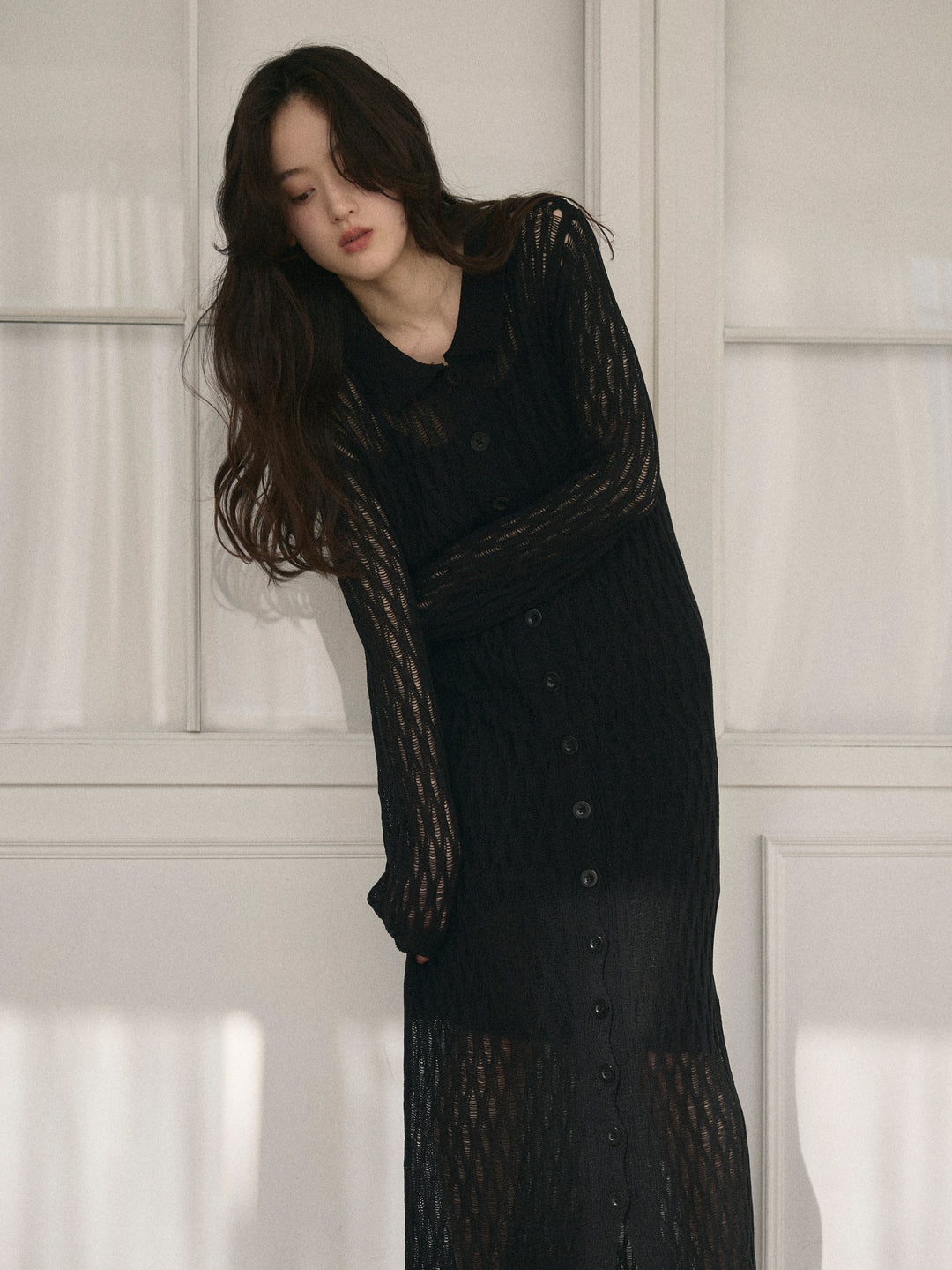 透かし編み襟付きニットドレス(インナーミニワンピ付き)