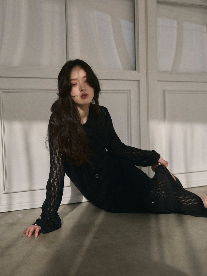 透かし編み襟付きニットドレス(インナーミニワンピ付き)