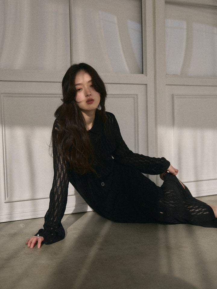 透かし編み襟付きニットドレス(インナーミニワンピ付き)