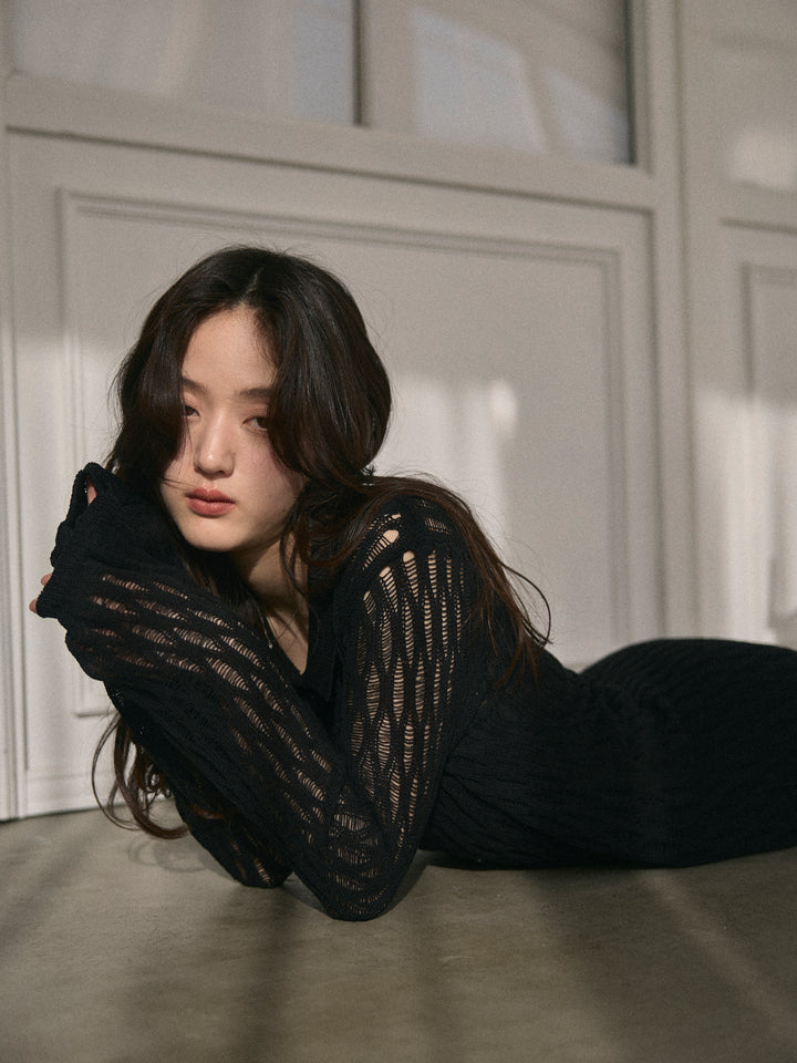 透かし編み襟付きニットドレス(インナーミニワンピ付き)