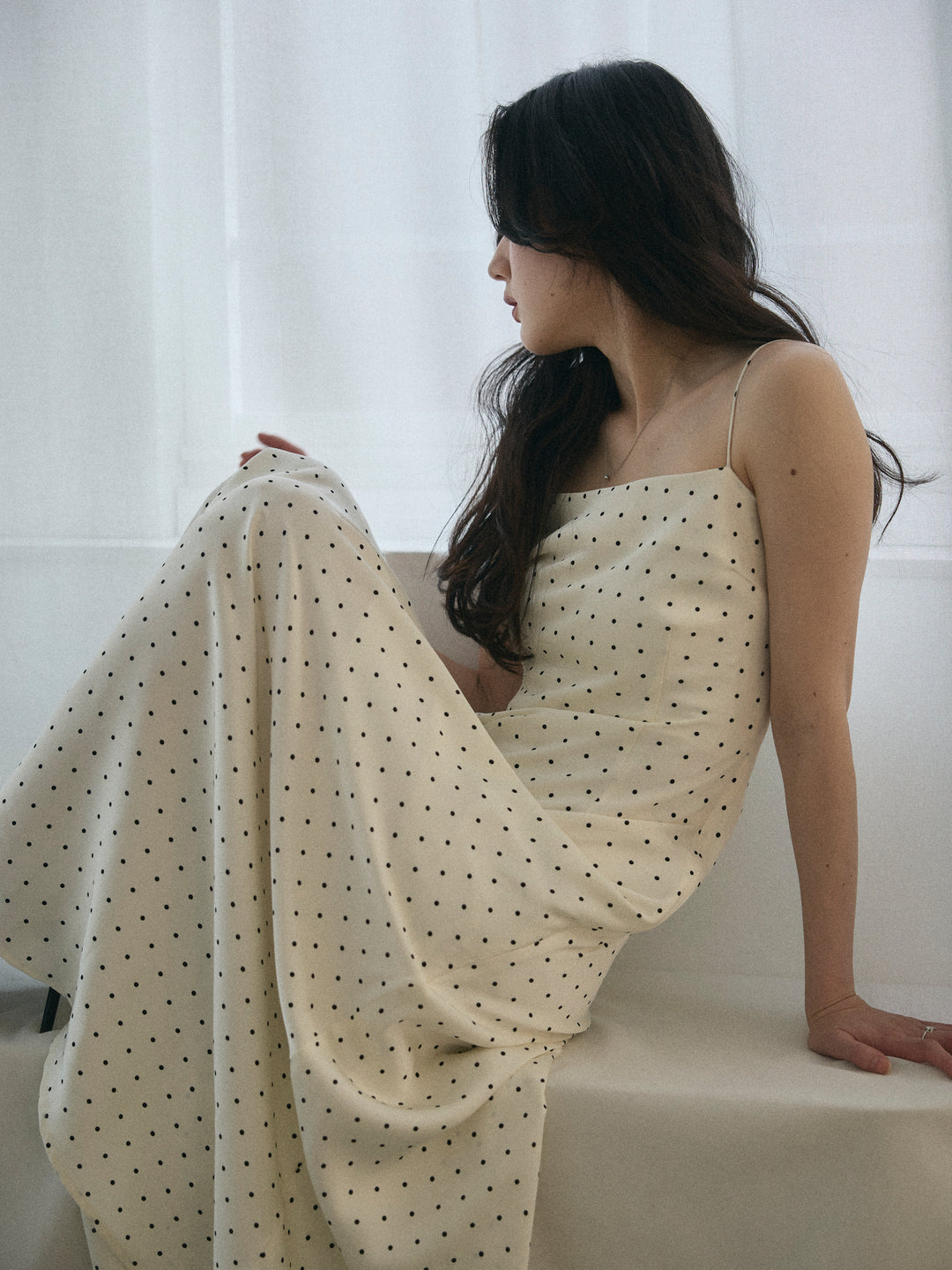 【Essential】Back open satin camisole dress