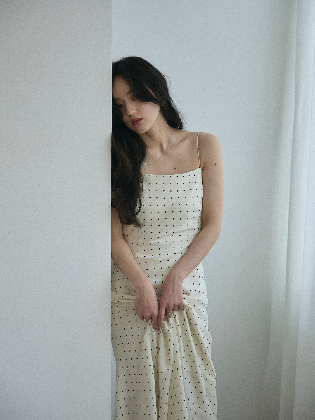 【Essential】Back open satin camisole dress