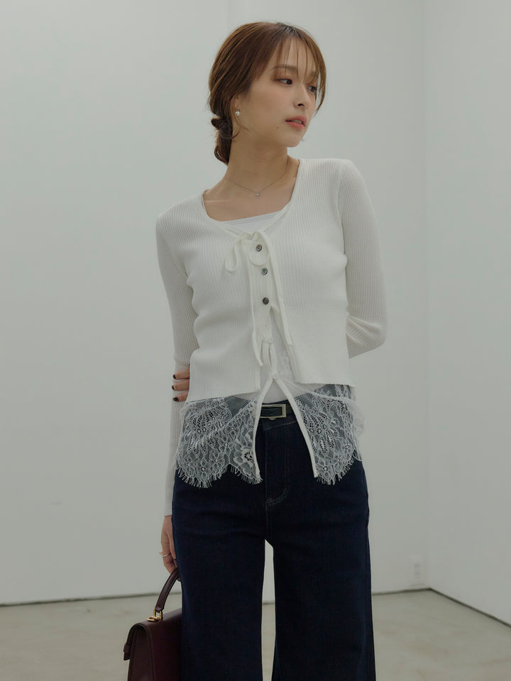 【SET】レースレイヤードデザインVネックトップス+カットリブカップ付きバッククロスキャミソール(2set)