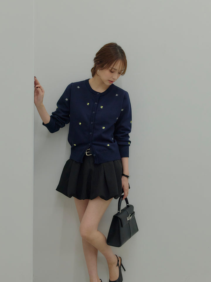 【SET】フルーツ刺繍クルーネックカーディガン+ベルトループバルーンミニスカート(ベルト&インパン付き)(2set)