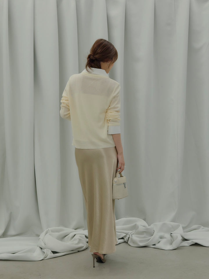 【SET】襟付きポロニットカーディガン+リュクスAラインサテンスカート(2set)