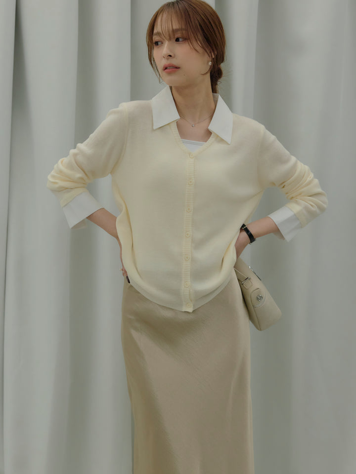 【SET】襟付きポロニットカーディガン+リュクスAラインサテンスカート(2set)