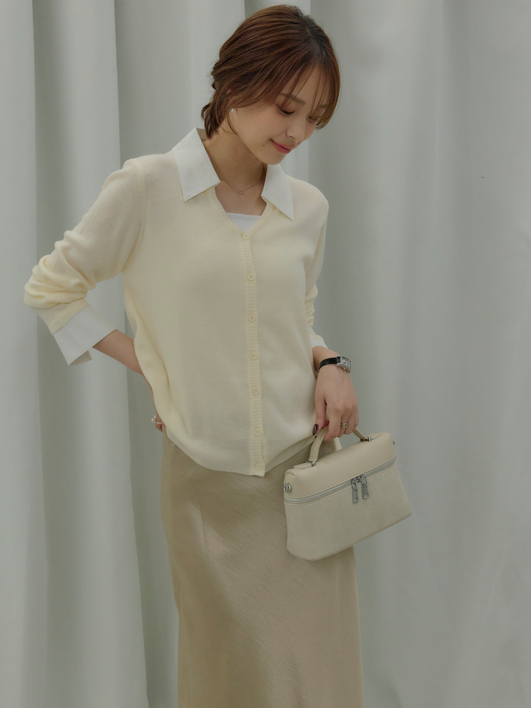 【SET】襟付きポロニットカーディガン+リュクスAラインサテンスカート(2set)