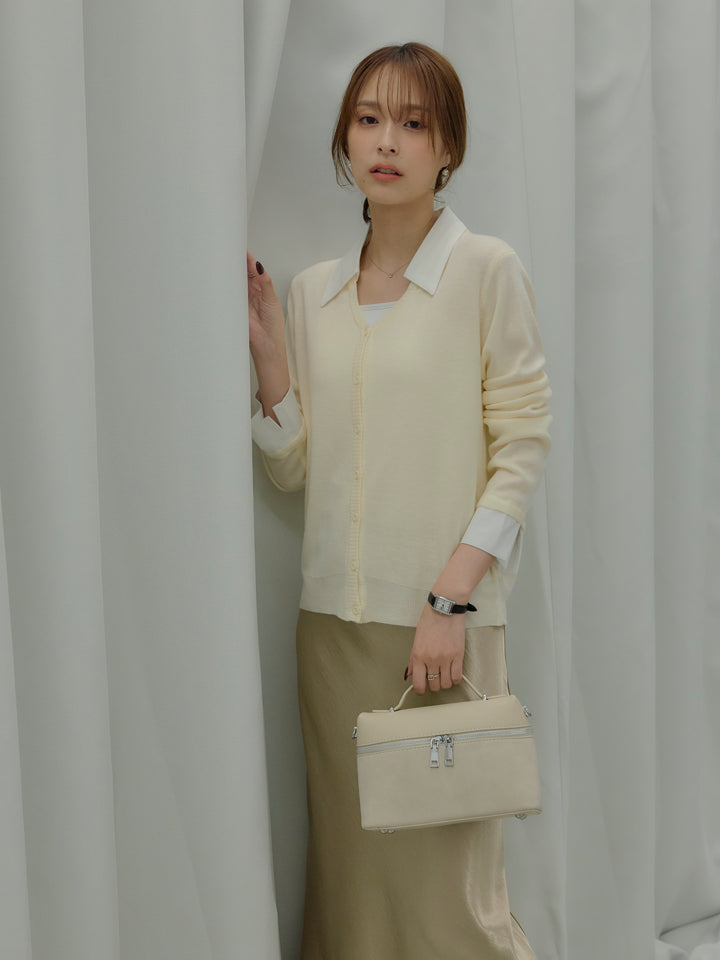 【SET】襟付きポロニットカーディガン+リュクスAラインサテンスカート(2set)