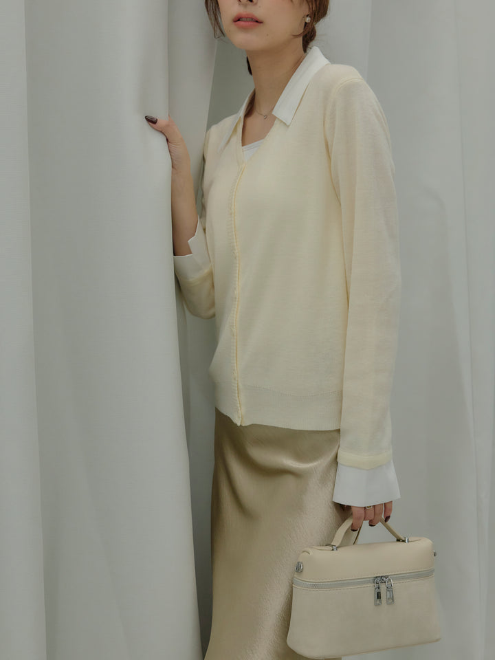 【SET】襟付きポロニットカーディガン+リュクスAラインサテンスカート(2set)
