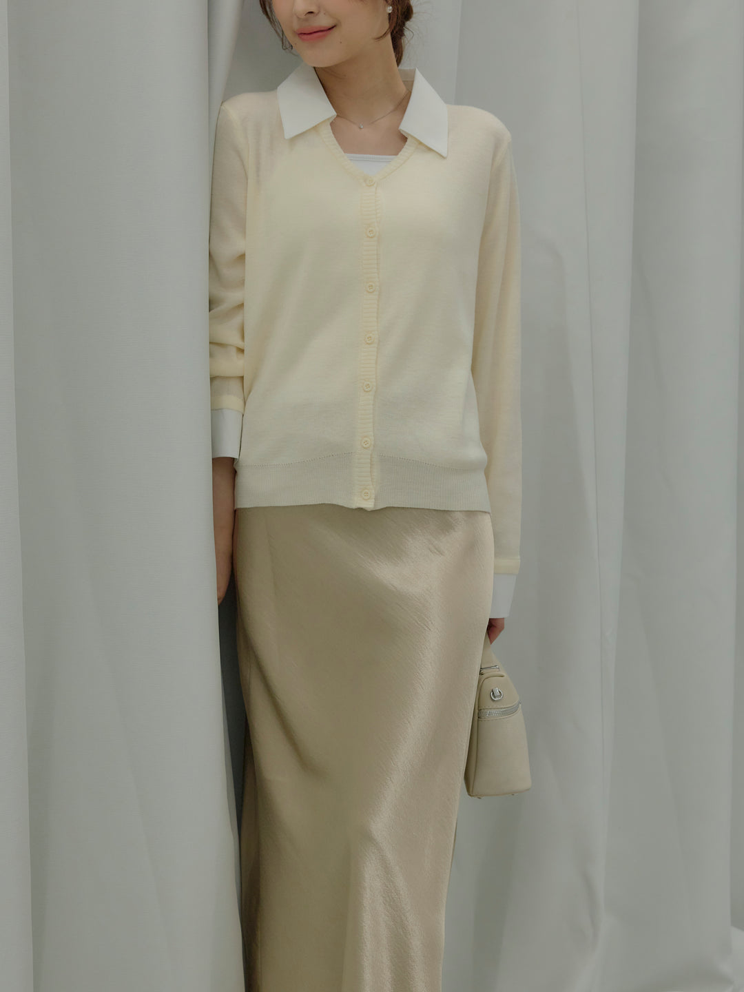 【SET】襟付きポロニットカーディガン+リュクスAラインサテンスカート(2set)