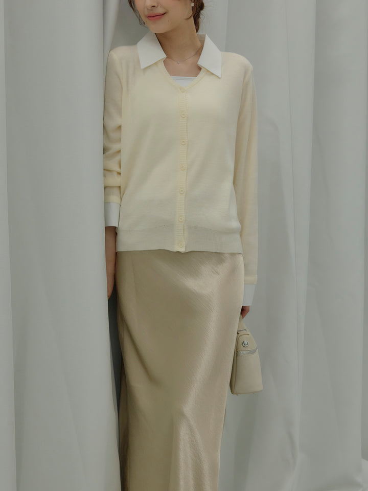 【SET】襟付きポロニットカーディガン+リュクスAラインサテンスカート(2set)