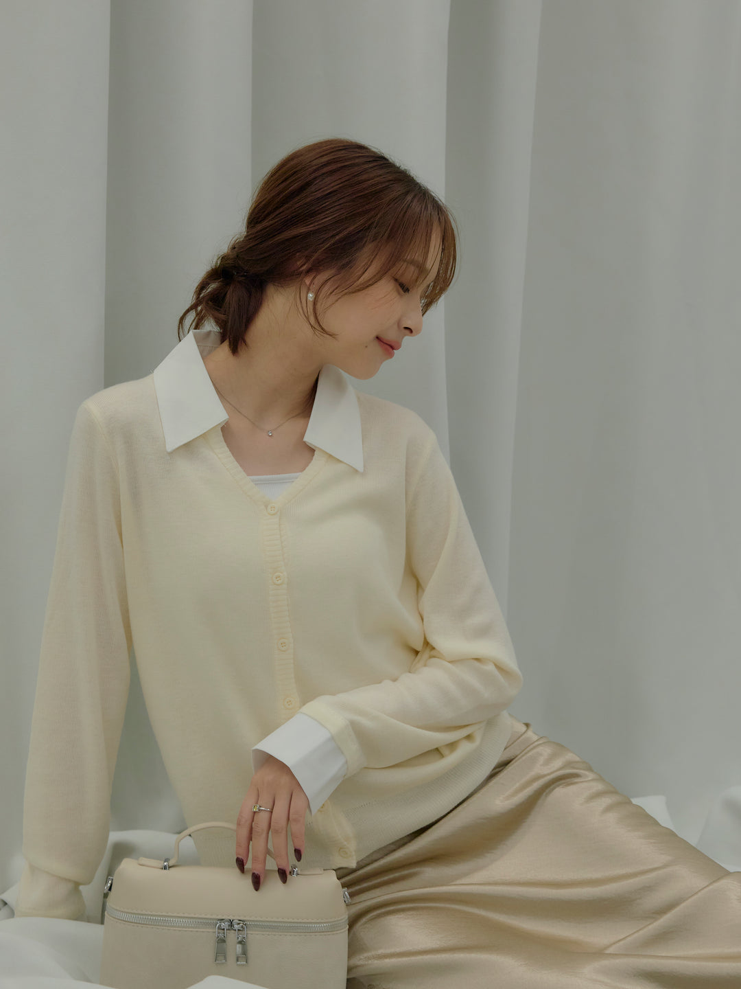 【SET】襟付きポロニットカーディガン+リュクスAラインサテンスカート(2set)