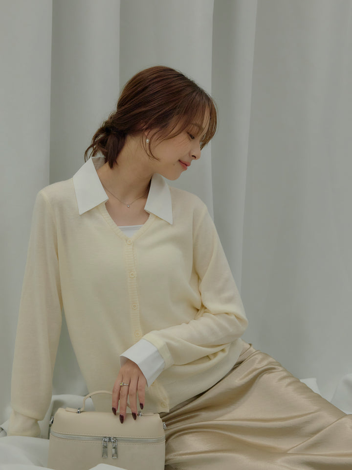 【SET】襟付きポロニットカーディガン+リュクスAラインサテンスカート(2set)