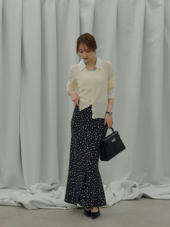 【SET】襟付きポロニットカーディガン+【Essential】Wrap design satin mermaid skirt(2set)