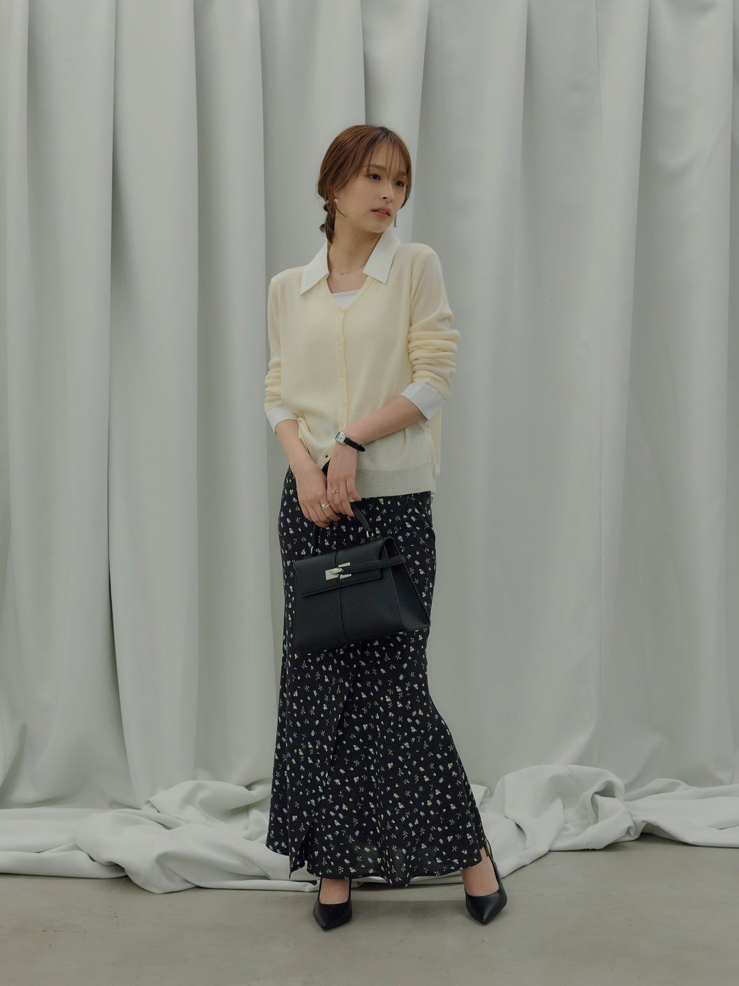 【SET】襟付きポロニットカーディガン+【Essential】Wrap design satin mermaid skirt(2set)