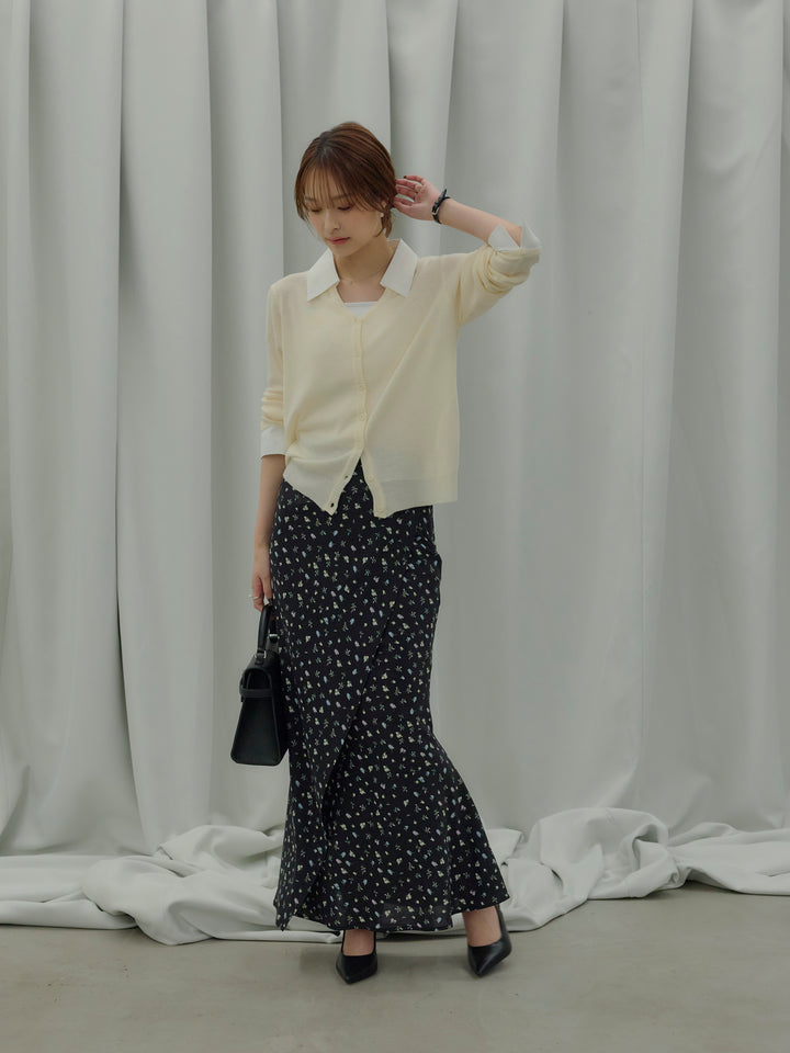 【SET】襟付きポロニットカーディガン+【Essential】Wrap design satin mermaid skirt(2set)