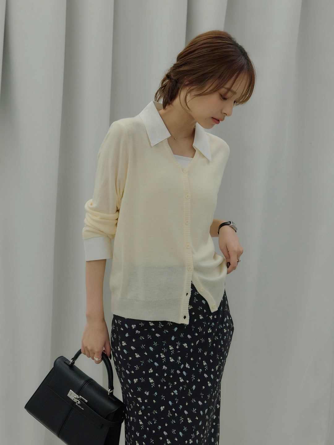 【SET】襟付きポロニットカーディガン+【Essential】Wrap design satin mermaid skirt(2set)
