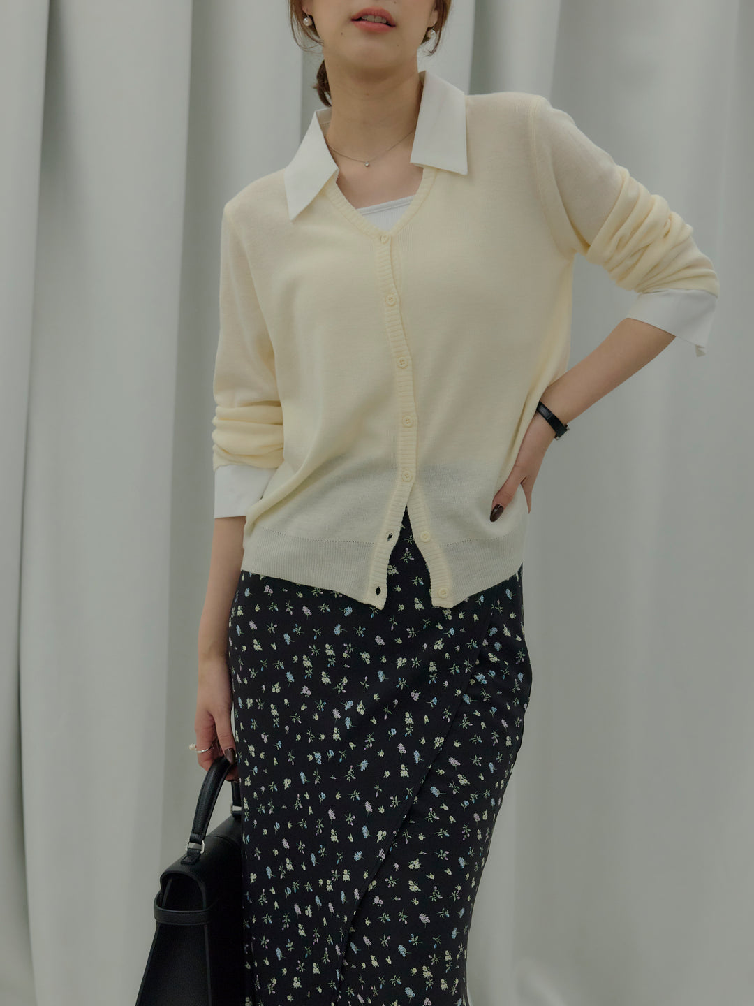 【SET】襟付きポロニットカーディガン+【Essential】Wrap design satin mermaid skirt(2set)