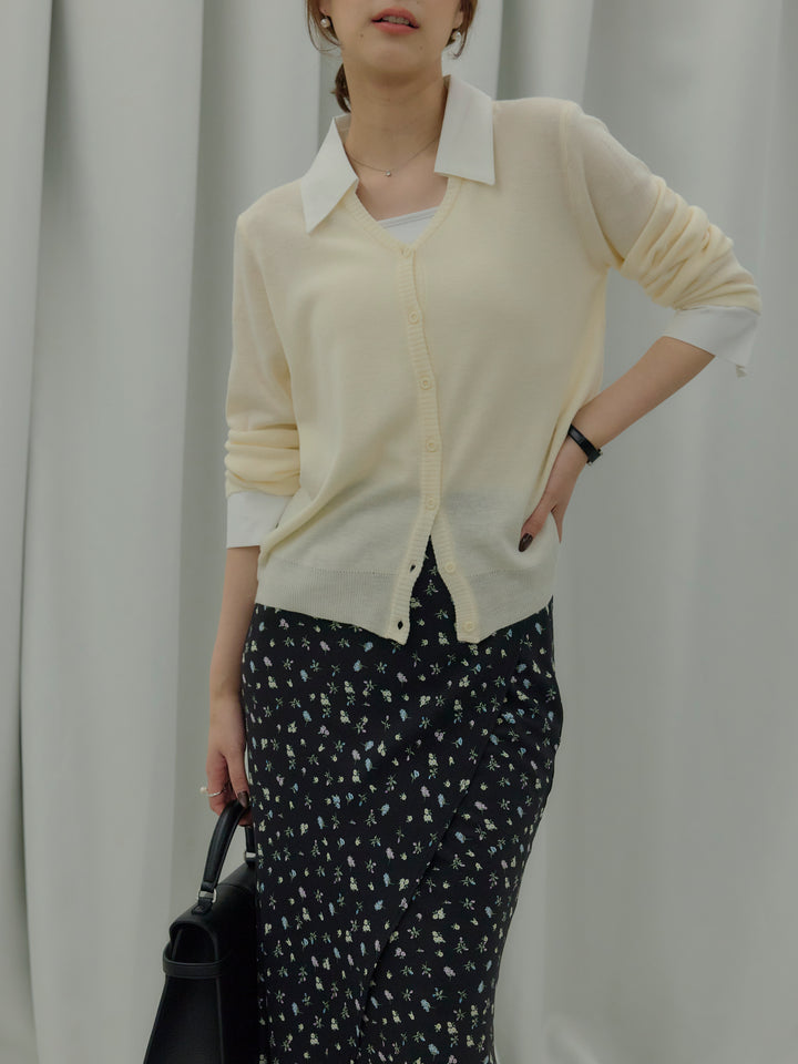【SET】襟付きポロニットカーディガン+【Essential】Wrap design satin mermaid skirt(2set)