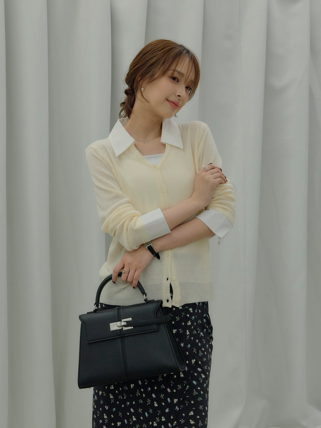 【SET】襟付きポロニットカーディガン+【Essential】Wrap design satin mermaid skirt(2set)