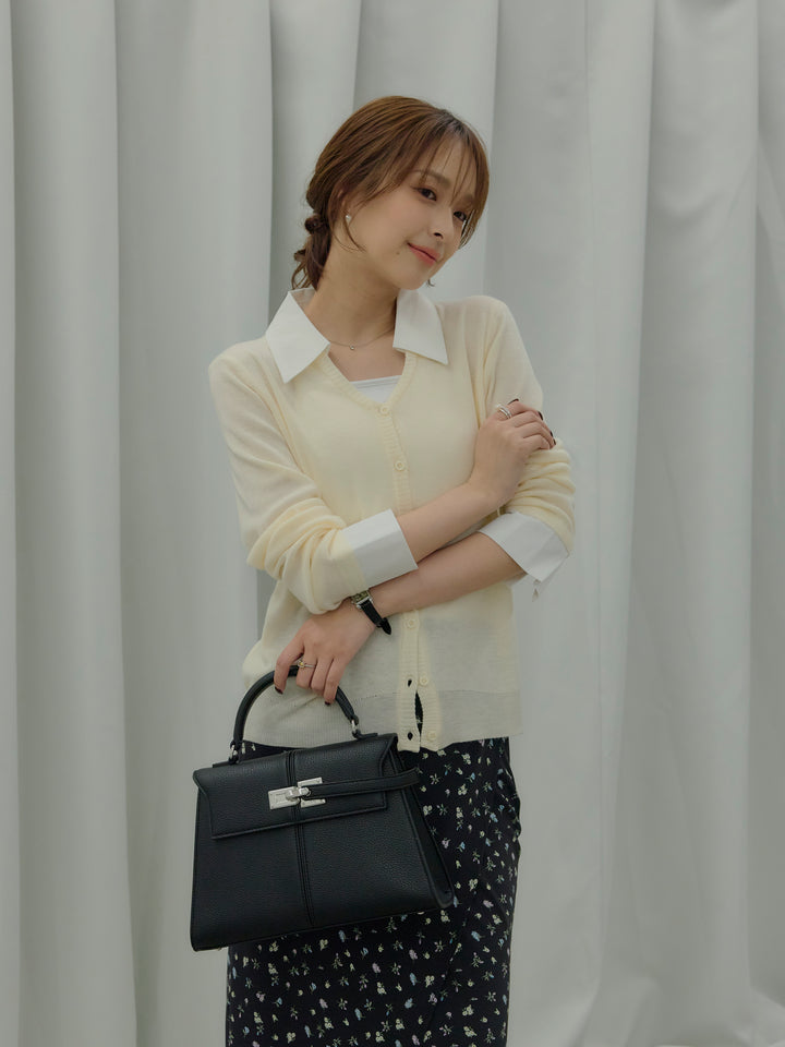【SET】襟付きポロニットカーディガン+【Essential】Wrap design satin mermaid skirt(2set)