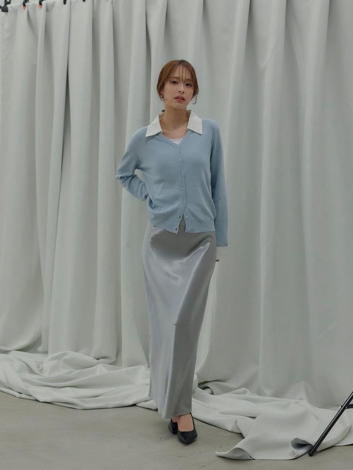 【SET】襟付きポロニットカーディガン+リュクスAラインサテンスカート(2set)