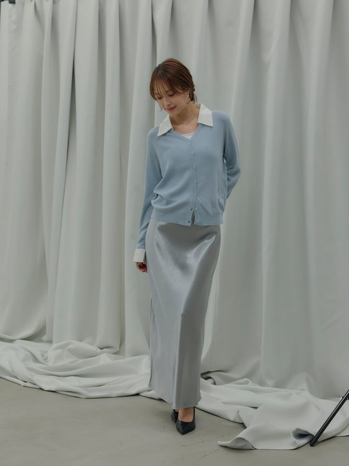 【SET】襟付きポロニットカーディガン+リュクスAラインサテンスカート(2set)