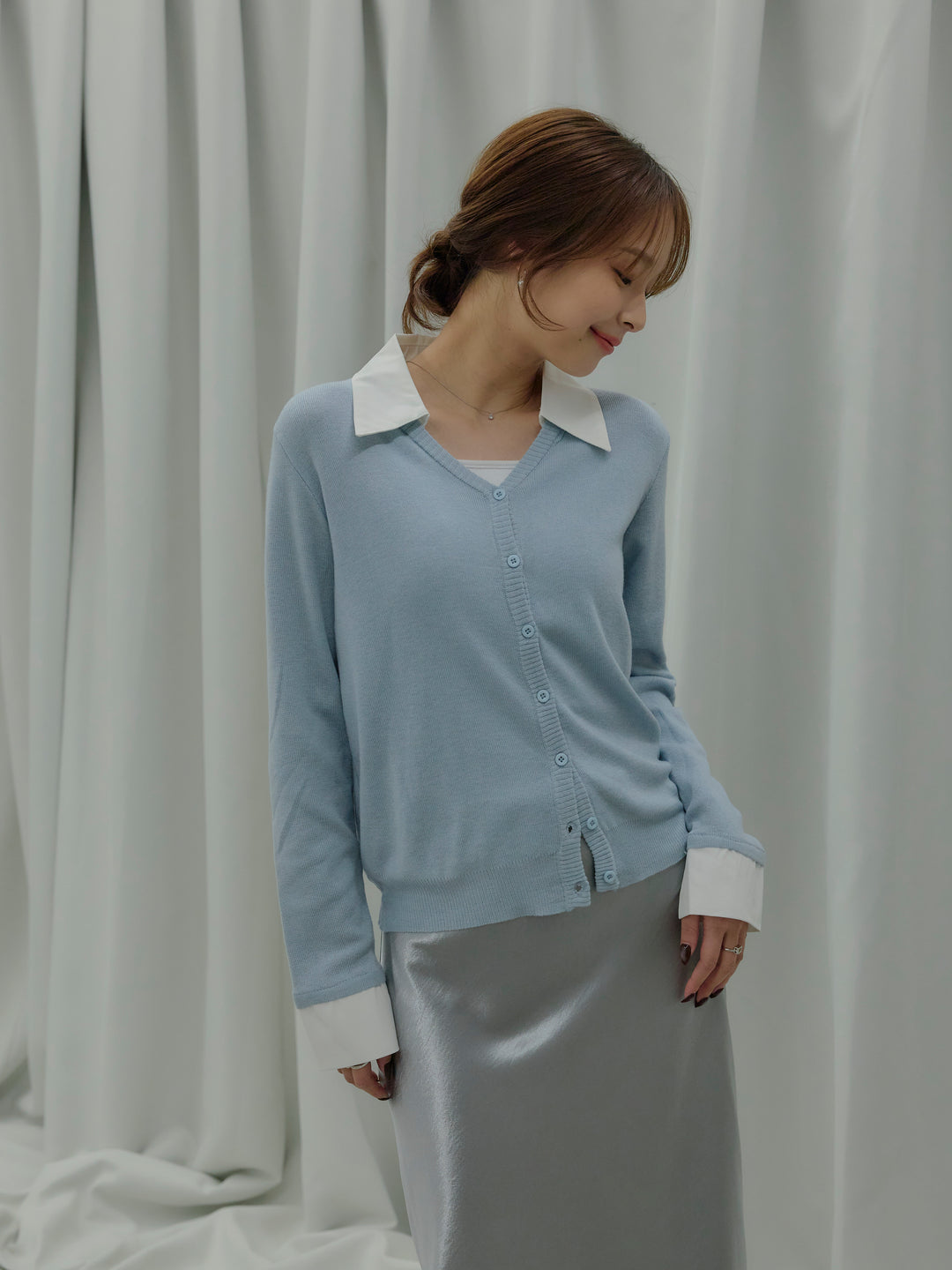 【SET】襟付きポロニットカーディガン+リュクスAラインサテンスカート(2set)