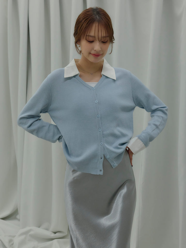 【SET】襟付きポロニットカーディガン+リュクスAラインサテンスカート(2set)