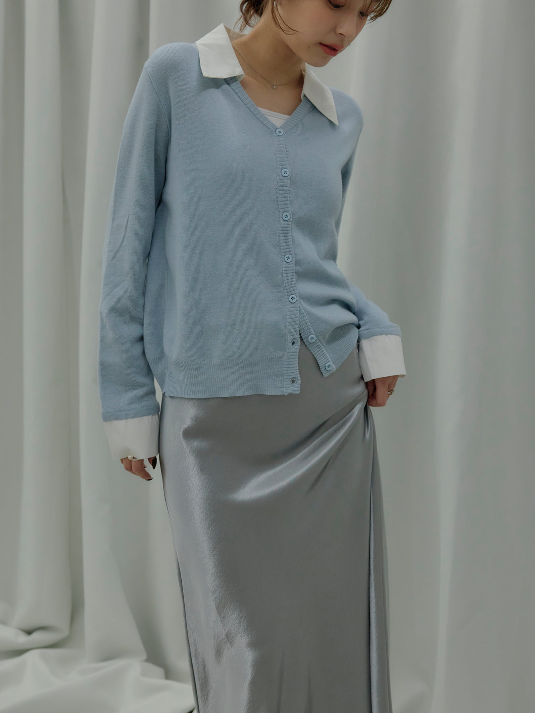 【SET】襟付きポロニットカーディガン+リュクスAラインサテンスカート(2set)