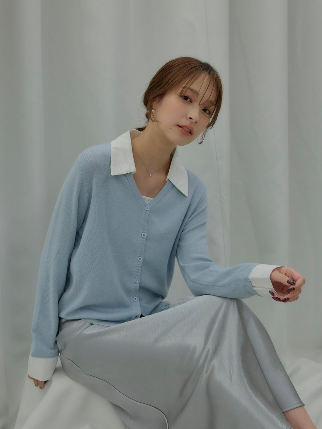 【SET】襟付きポロニットカーディガン+リュクスAラインサテンスカート(2set)