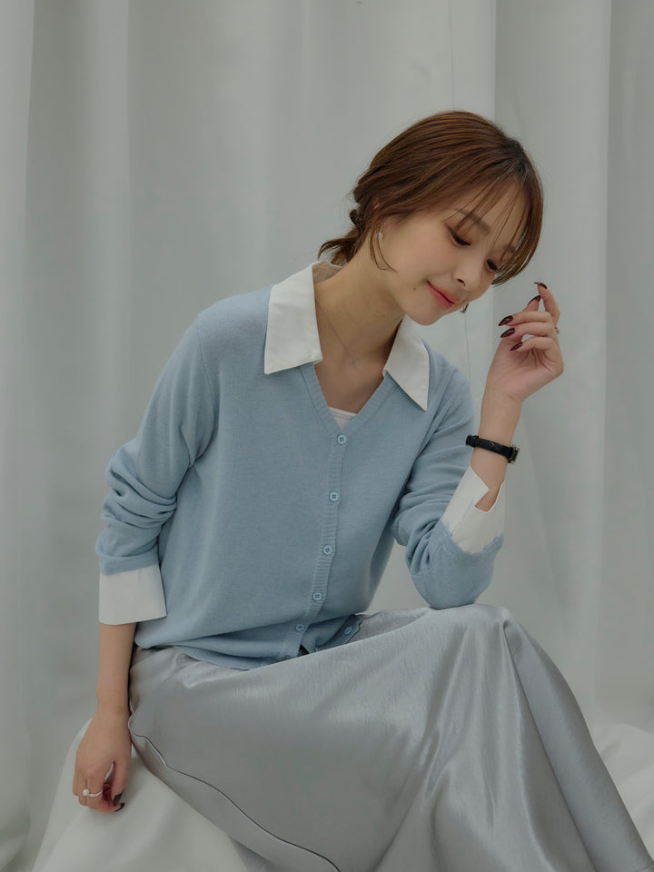 【SET】襟付きポロニットカーディガン+リュクスAラインサテンスカート(2set)