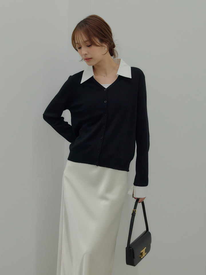 【SET】襟付きポロニットカーディガン+リュクスAラインサテンスカート(2set)