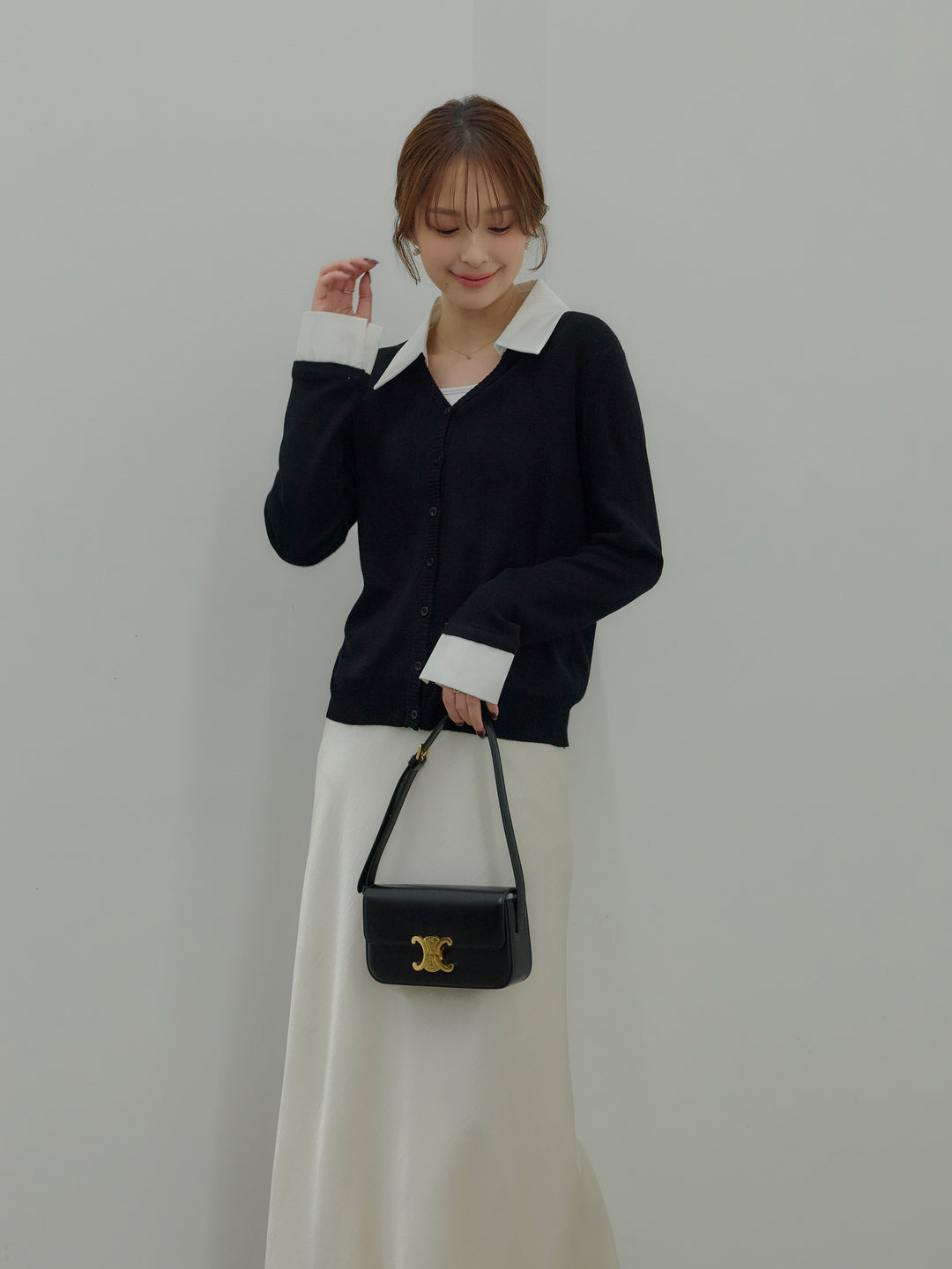 【SET】襟付きポロニットカーディガン+リュクスAラインサテンスカート(2set)