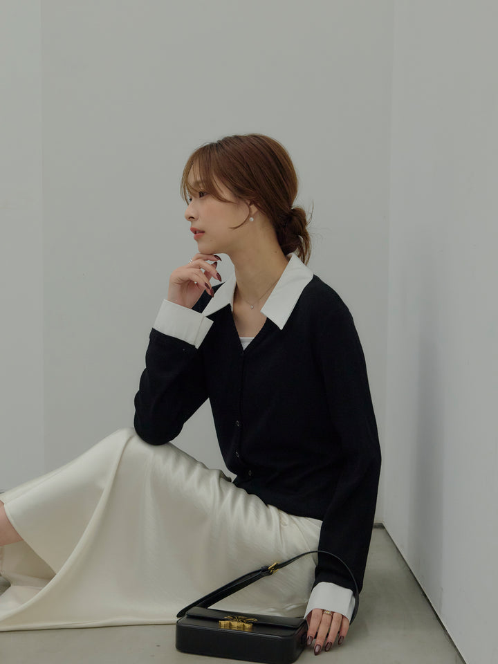 【SET】襟付きポロニットカーディガン+リュクスAラインサテンスカート(2set)