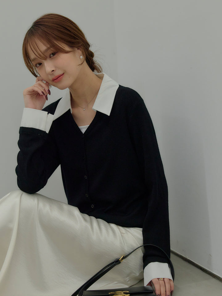 【SET】襟付きポロニットカーディガン+リュクスAラインサテンスカート(2set)