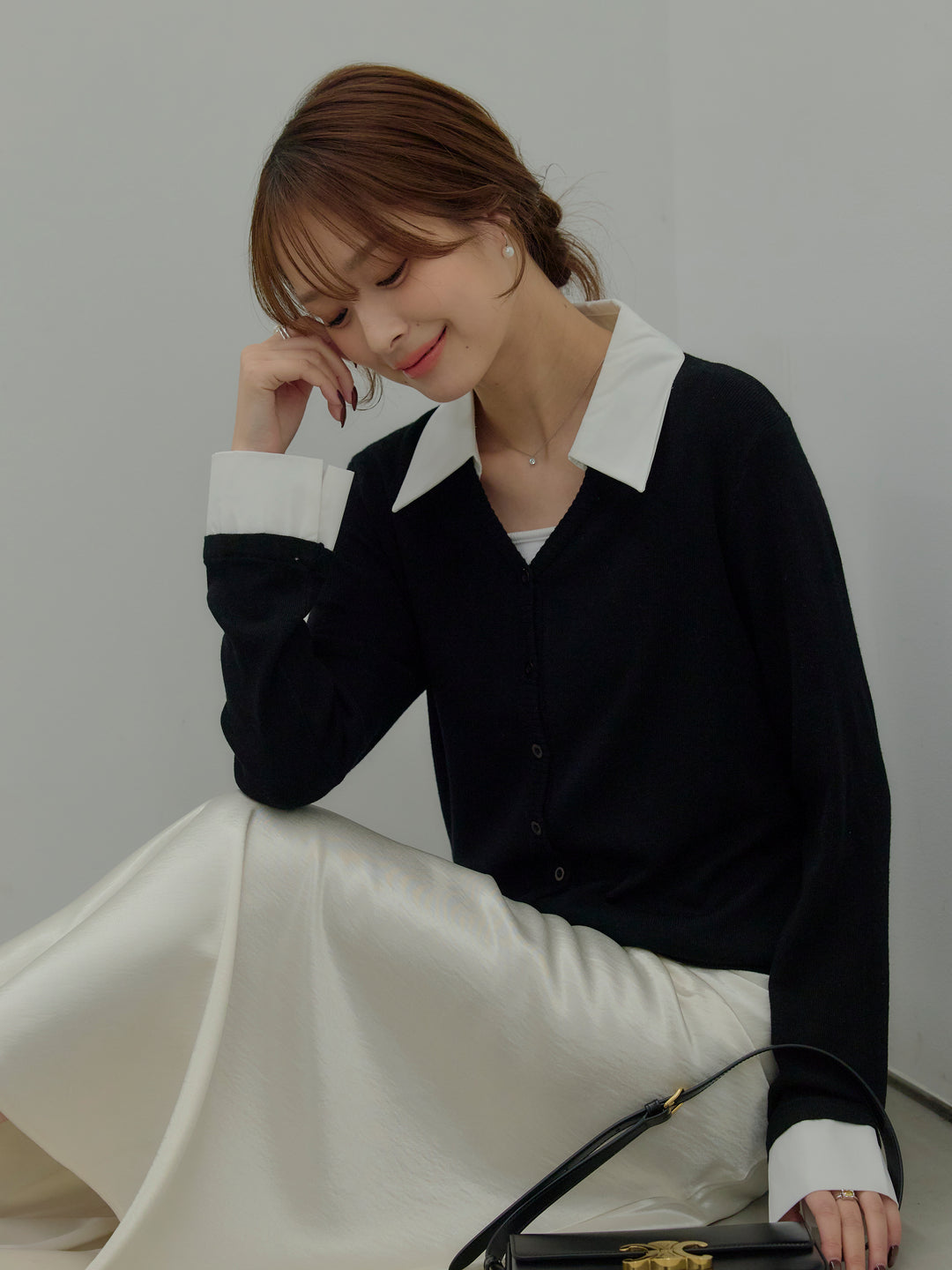 【SET】襟付きポロニットカーディガン+リュクスAラインサテンスカート(2set)